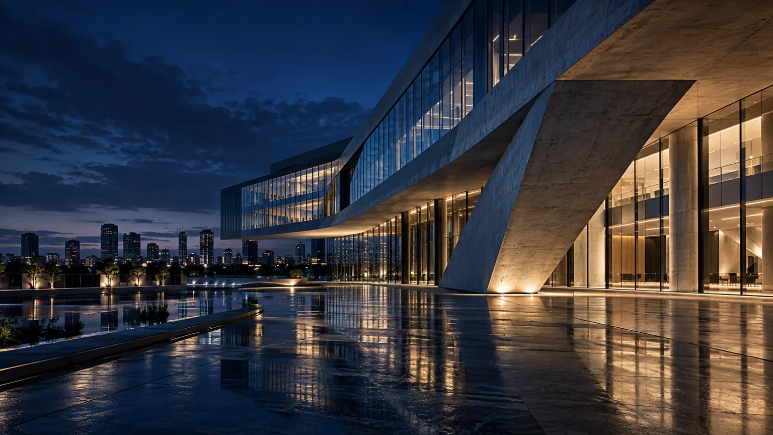 Visualização conceitual de arquitetura urbana ao anoitecer